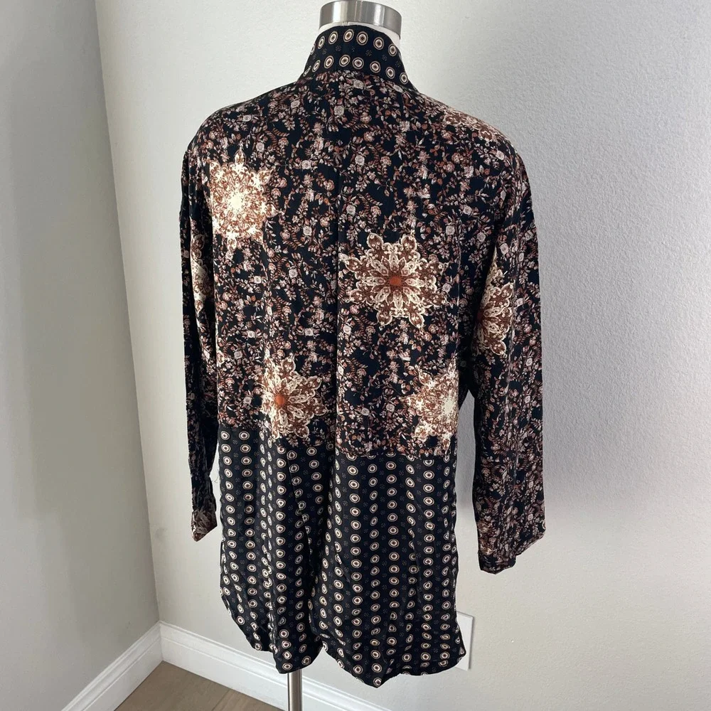 Free People‎ Womens XS Mixed Floral Geometric Kimono Cardigan Black Brown Boho